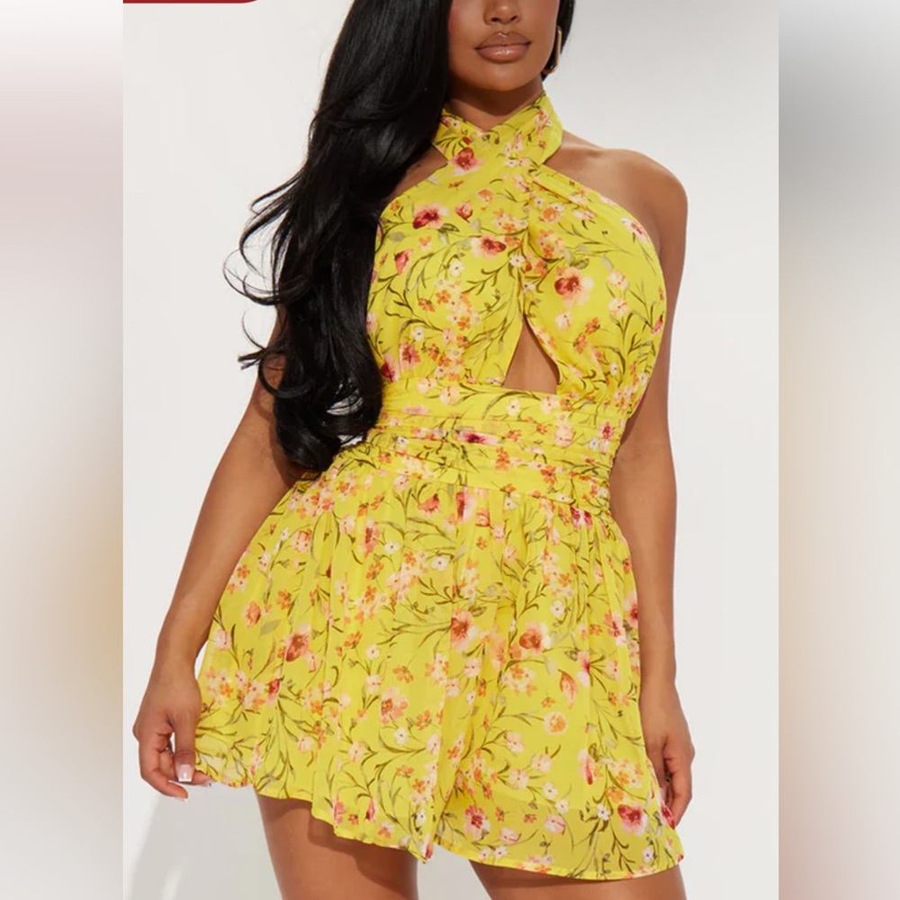 Yellow floral patterns sheer romper